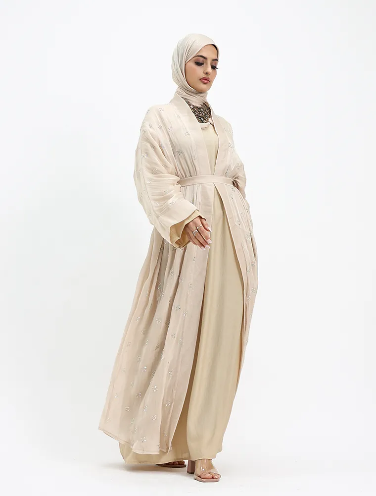 Beige Sparkle Organza Kimono Set - Image 3