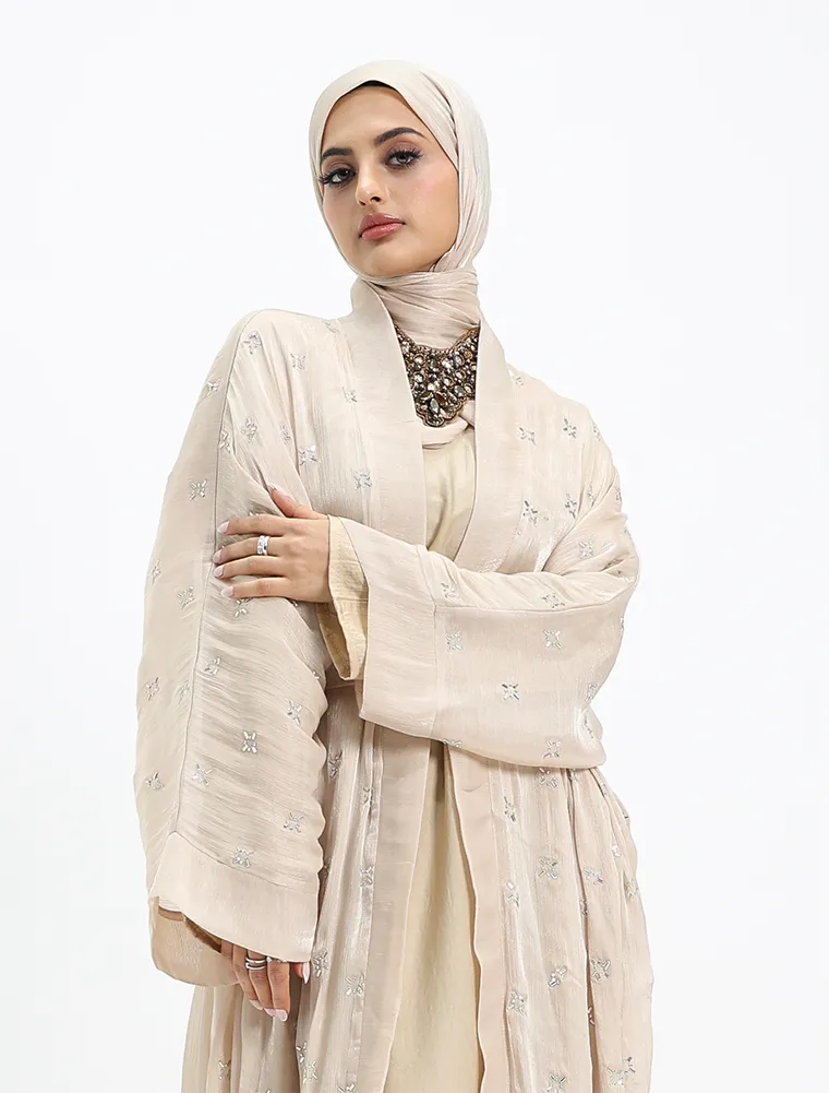 Beige Sparkle Organza Kimono Set - Image 4